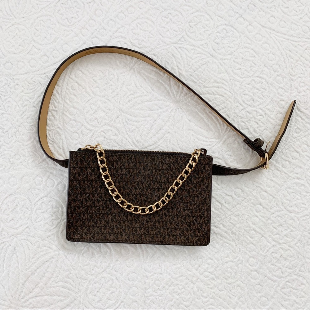 Michael Kors MK Signature Metal Chain Leather Fanny Pack Belt Bag‎